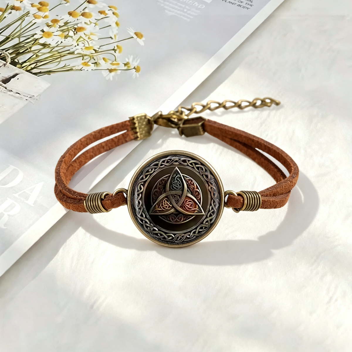 TEMU 1 Vintage Nostalgic Circular Celtic Symbol Pattern Round Glass Brown Cord Bracelet