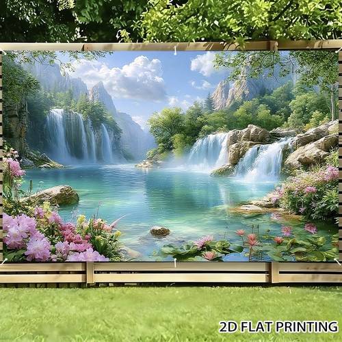 1pc waterfall lake banner with scenic waterfall flower suitable for fence wall garage door trim decorations outdoor decoration with fixing rope polyester fiber panel for birthdays 2d flat