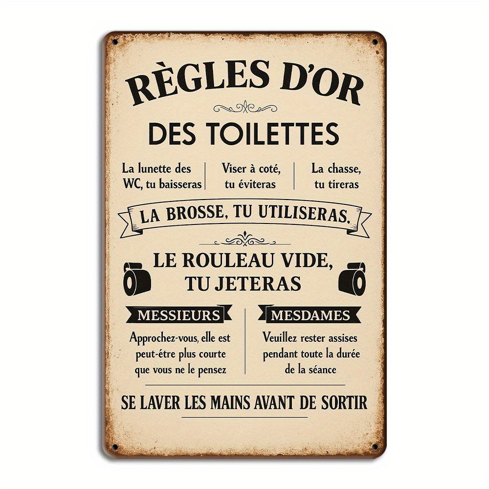 TEMU Plaque Murale Plate 2D en Métal Humoristique avec Règles de Salle de Bain - Décoration Vintage Rustique d'Étiquette de Toilettes avec Trous