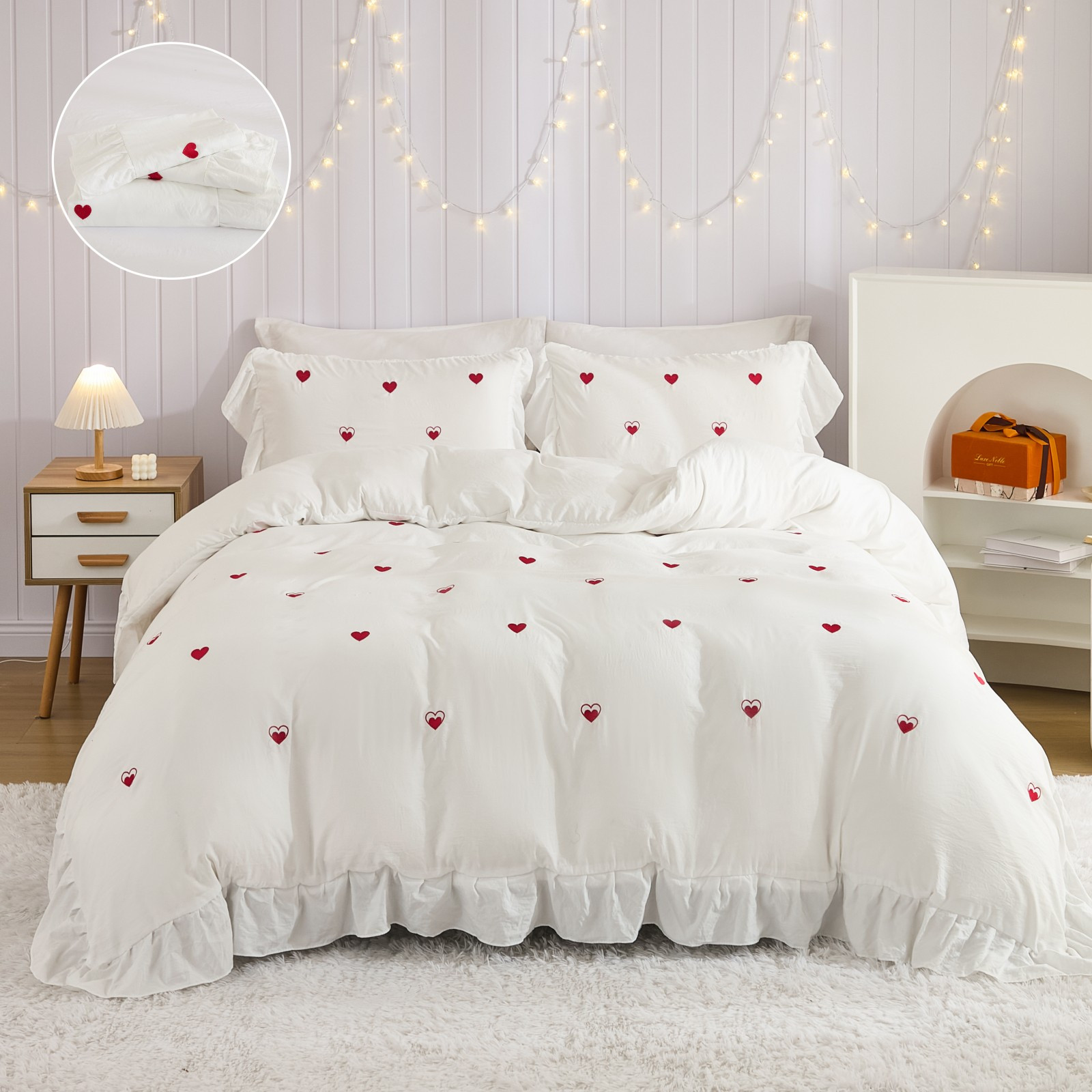 Image of Jit3pcs 12th December 90g Base Red Heart With Scallop Trim Duvet Cover Set, Bedding 3pcs, 1pc Duvet Cover And 2pcs Pillowcases, Duvet Cover Set, , Ten Sizes