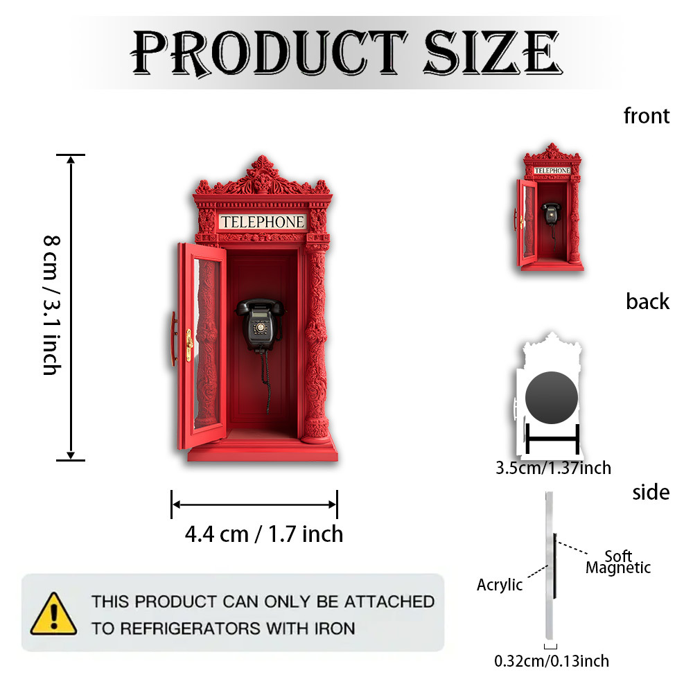 TEMU 1pc British Red Telephone Booth Magnet Suitable For British Decor, Vintage Themed Gift, Acrylic And Rubber Crown For Fridge Magnets, Retro