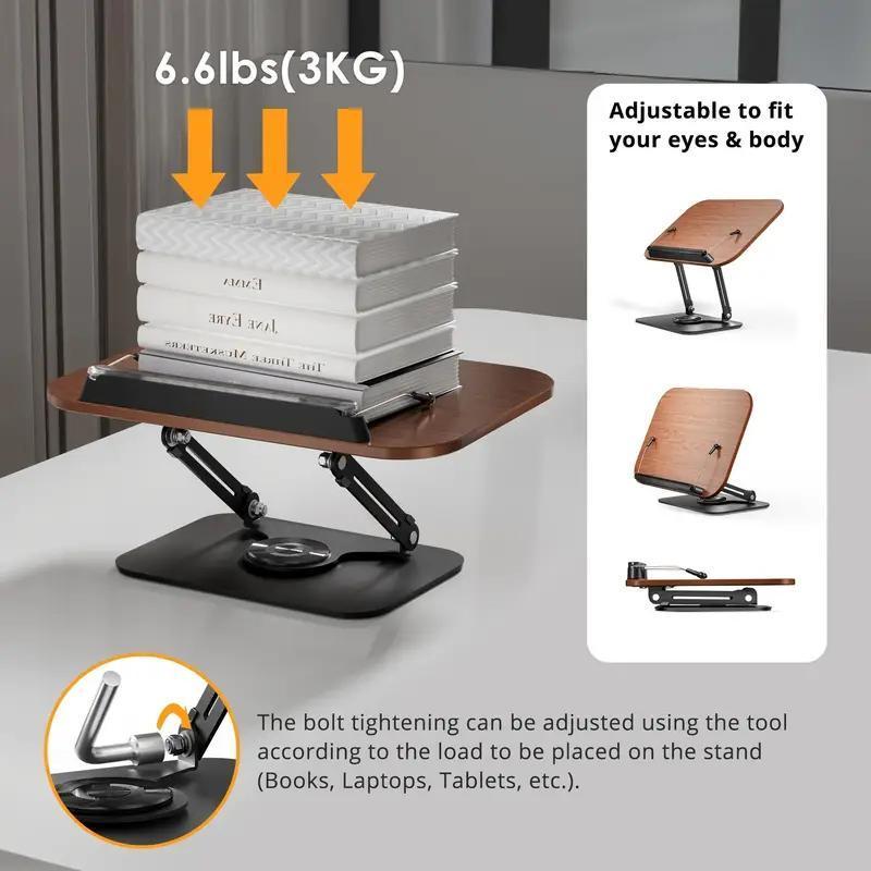 Adjustable Wooden Bookshelf With 360 ° Rotating Base - Foldable, Portable, Lightweight Reading Stand, Suitable For Offices, Kitchens, Schools, Etc Kindle, Tablet Computer - Adjustable Height And Angle, Desk Storage Box [ Foldable Design] Metal Suppo