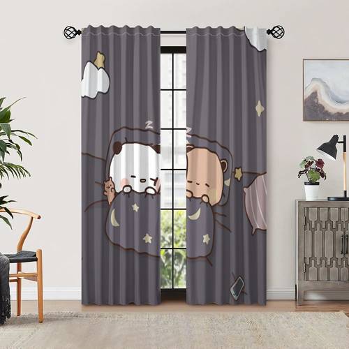 2d flat panda bear curtains suitable for home office decor semi window panels with cute dudu panda design machine washable polyester rod pocket drapes for room door covering 2d flat