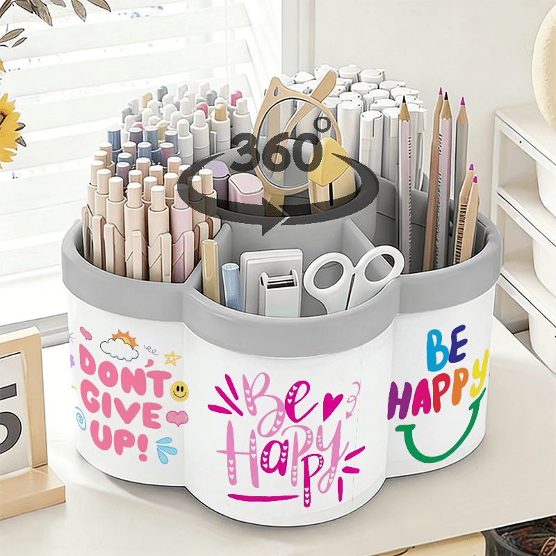 TEMU Porte-stylo rotatif et boîte de rangement pour cosmétiques | Trois autocollants d'illustration de citations inspirantes - Boîte de rangement de