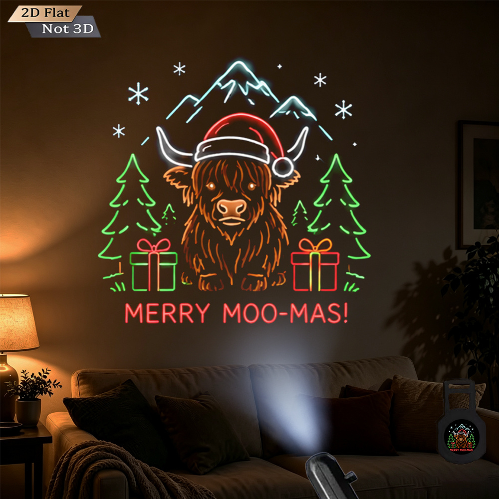 TEMU Usb Powered Projector Light Christmas Moo-mas Highland Cow In Santa Hat With Christmas Trees & Gifts Led Projection Lamp Ambient Night Light