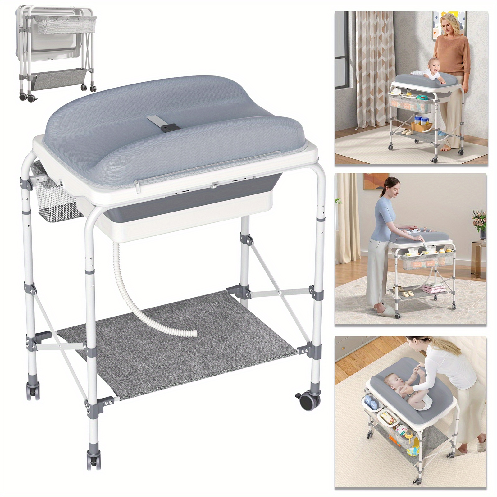 2 in 1 baby changing table portable bathtub changing combination with storage compartment stable load bearing capacity of   baby changing table gray with foldable bathtub mobile changing table foldable   with 4 360 wheels 0