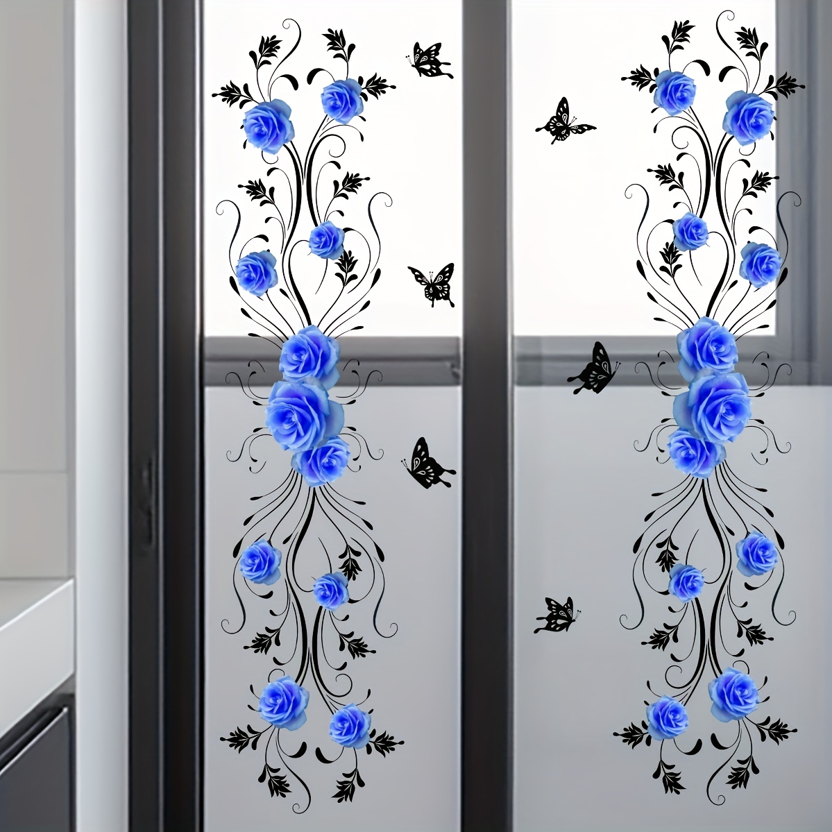 Image of 1pc Blue Rose Black Patterned Glass Sticker For Home Door And Window Decoration, Self-adhesive Wall Sticker, Beautifying Sticker For Bathroom And Kitchen