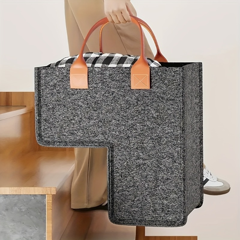 TEMU 1pc Large Capacity Felt Handbag-style Stair Basket, Foldable Laundry Storage Basket, Handbag-style Felt Stair Basket, Home Multifunctional