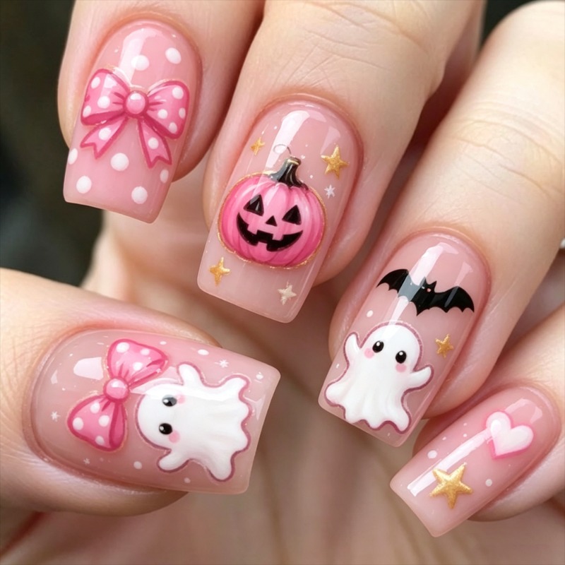 TEMU 48pcs Sheer Nude Pink White Polka Dot Pink Bow Cute Bat Short Square Press On Nails, Sheer Base, Pink Polka Dot Bow, Golden Silvery , Halloween