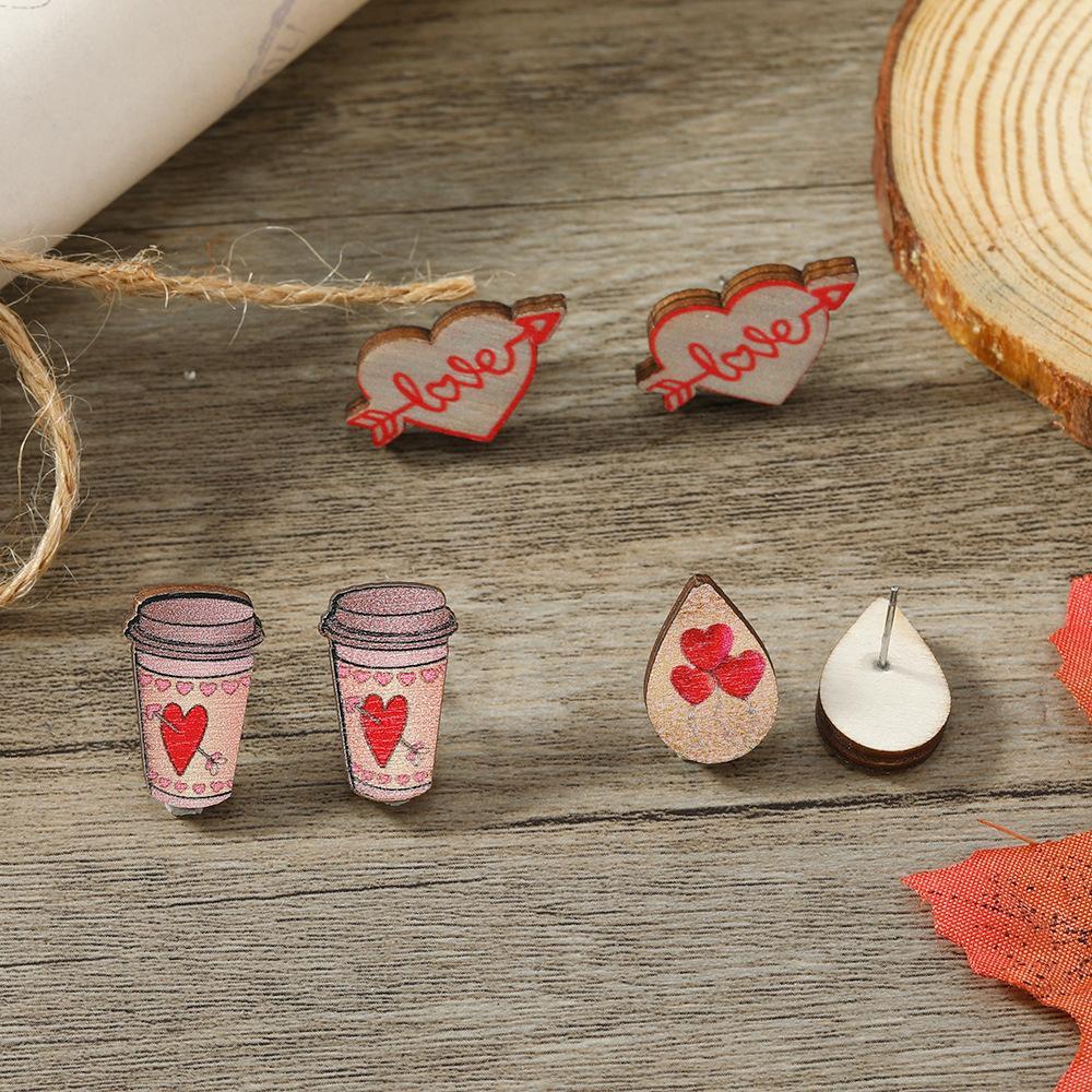 9 pairs, women s fashion earrings, valentine s day   love earrings, wooden color printing cupid s arrow love number 14 calendar earrings, water drop love coffee cup earrings, cross palm bier earrings, valentine s day earrings, wooden material, valentine s day party holiday gift for girlfriend, valentine s day earrings, earrings placement random details 13