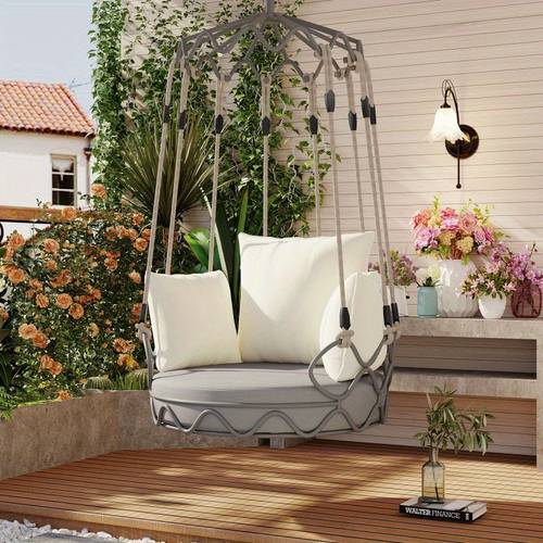 outdoor porch swing chair with uv resistant cushion ergonomic hanging basket seat 300lb capacity durable nylon rope easy 15 min assembly for patio balcony porch beige patio chair cushions relaxation seating elegant weatherresistant furniture