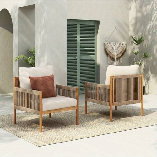 set of 2 modern outdoor woven lounge chair with solid wood frame and comfortable polyester cushions patio garden or balcony