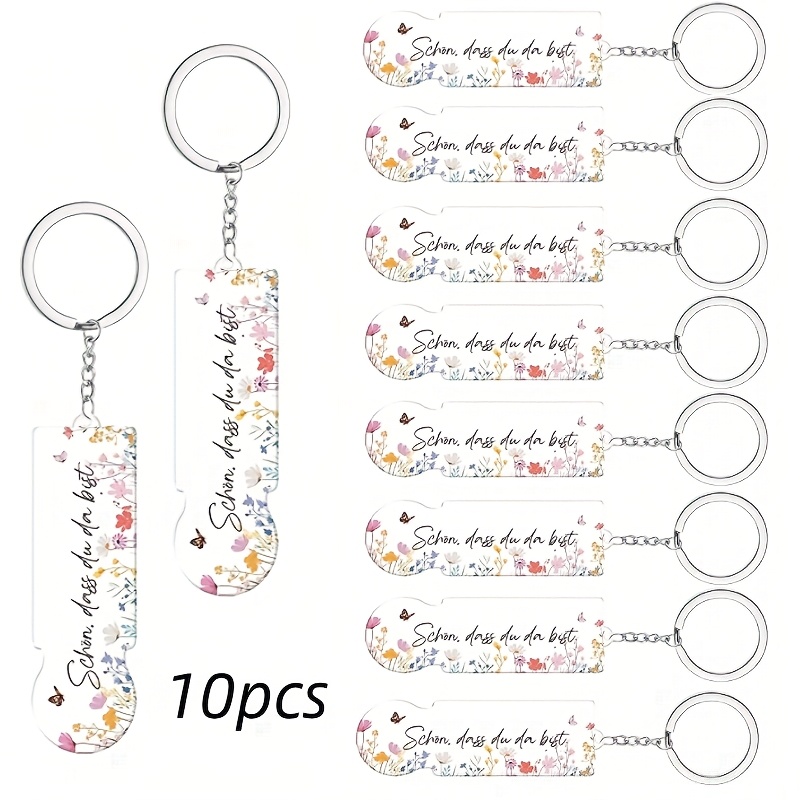 TEMU 10pcs Acrylic German Shopping Cart Keychains. German Text: "nice To Have You Here." Floral Pattern. Shopping Cart Keychains, Party Guest Favors,