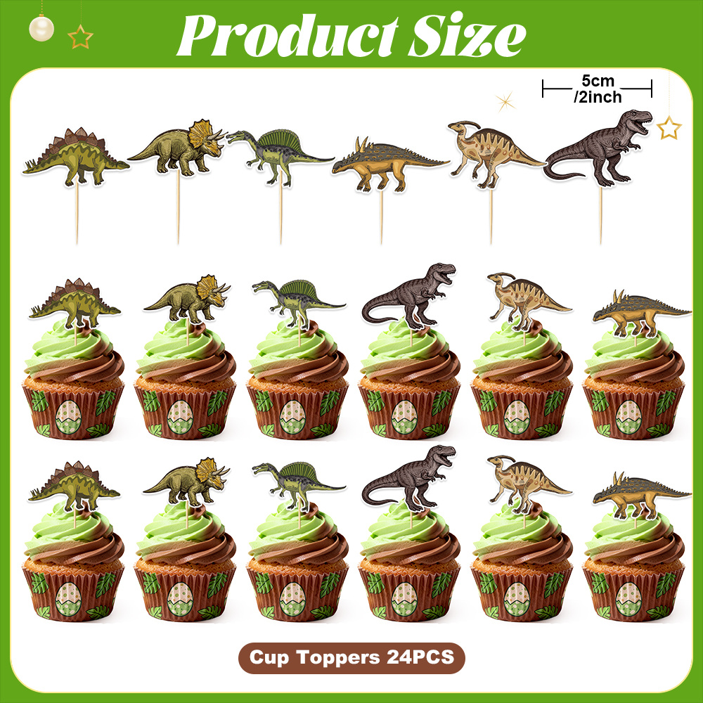 Image of 24/48pcs Dinosaur Cake Toppers Decorations For Birthday Party, Dinosaur Themed Party, Wild Animals Party Cake Decorations,halloween, Christmas