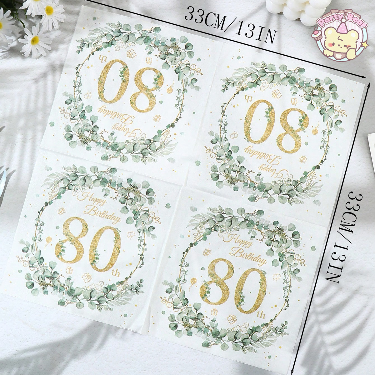 E-shop Elegante gold-grüne Servietten im Geburtstagsstil mit Eukalyptusblatt-Kranz „Alles Gute zum 80. Geburtstag“-Muster in Goldfolie — Geeignet für