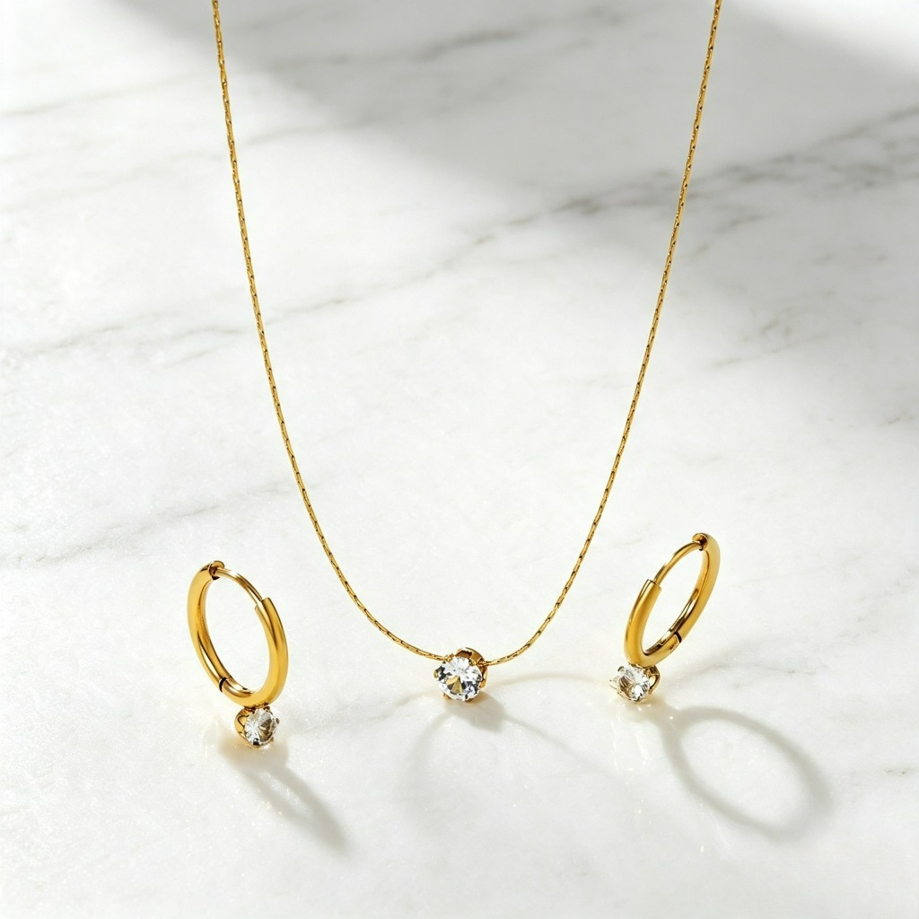 18K Gold-Plated Zirconia Necklace & Ear Cuff Set