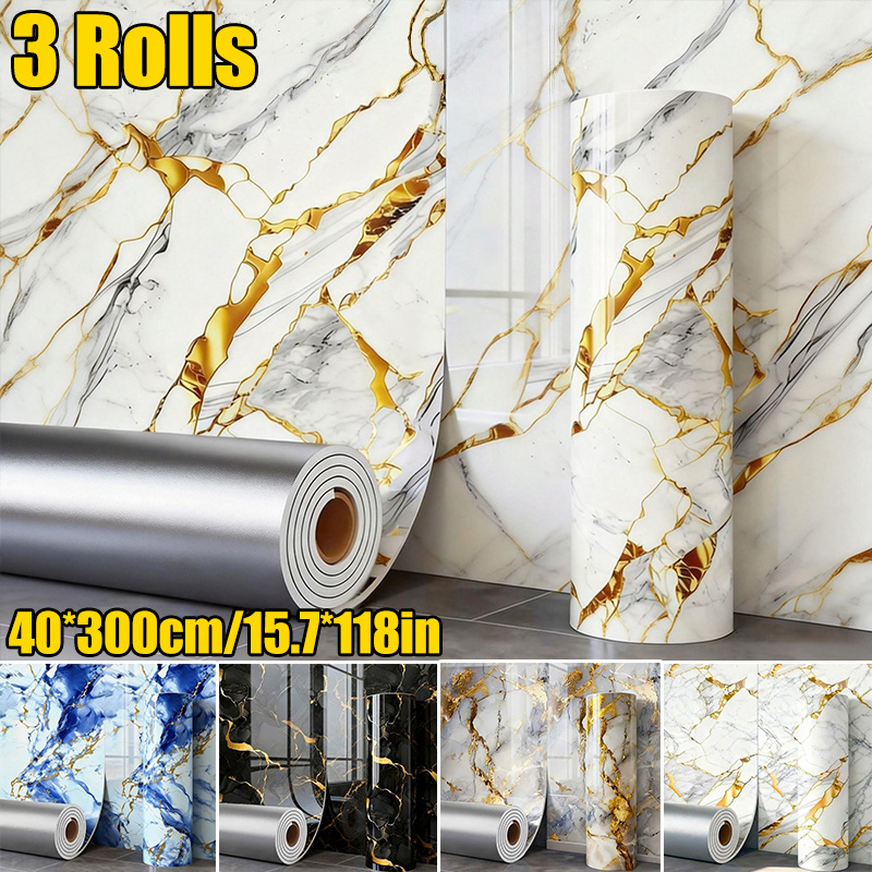 Image of 3 Rolls 40x300cm/15.7x118in Self-adhesive Glossy Imitation Marble Tile Stickers, Wall Panel Hanging Decorative Tiles, Elegant Waterproof And Design, Off Without Residue, Bathroom And Kitchen