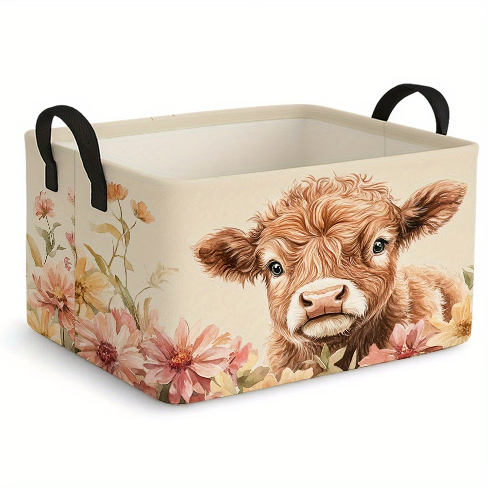 TEMU 1pc Highland Cow Floral Print Storage Basket - Large-capacity Foldable Storage Bin With Handles - Square Home Organizer - Pet-themed 2d Clothing