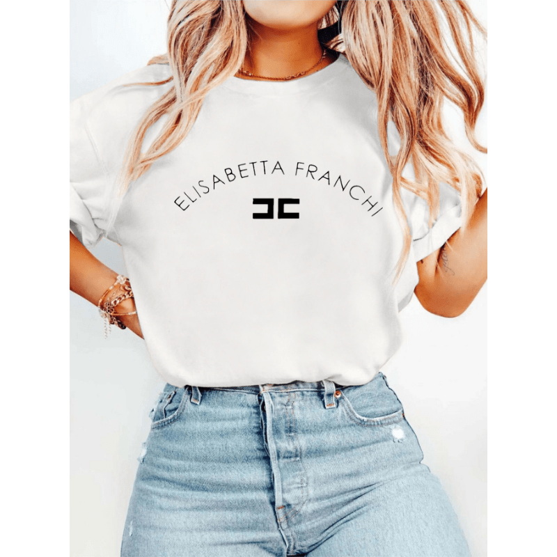 

Stretch ] Women's Casual Letter Print T-shirt - Short Sleeve Crew Neck, Soft Polyester & Elastane , Lightweight Summer Top With "elisabeth Francchi" Design,