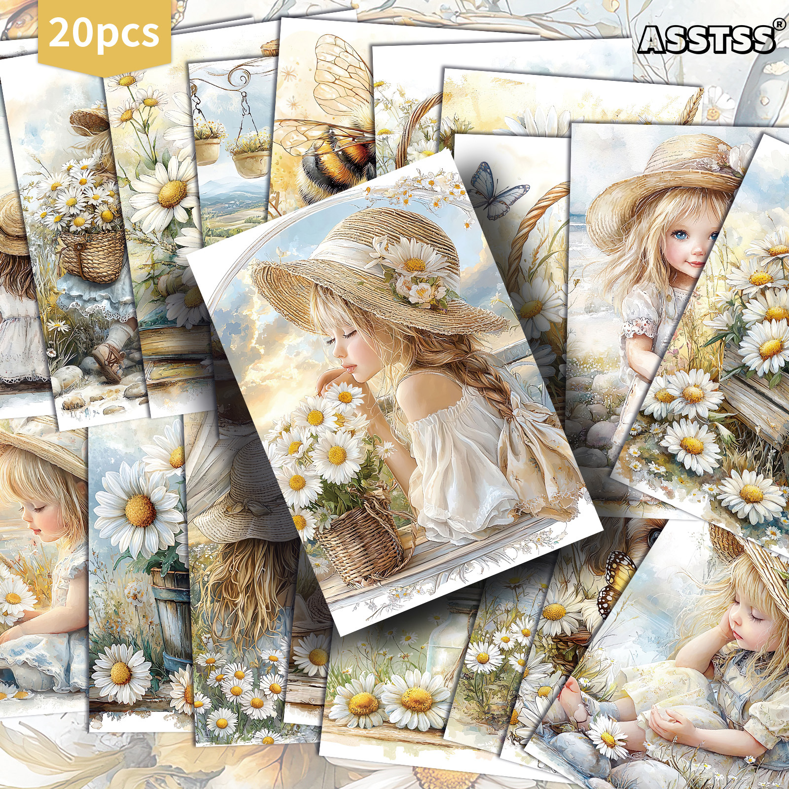 TEMU 20-pack Asstss Vintage Daisy Season Spring Flowers Postcards - 4x6 Inches Retro Junk Journal Supplies, Classic Pinup Illustrations Collectible
