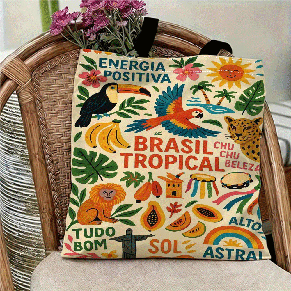 TEMU 1 ud. Bolso tote de cara con impresión brasileña tropical de vitalidad y - Bolsa de compras reutilizable, diseño de con correa de fija, para