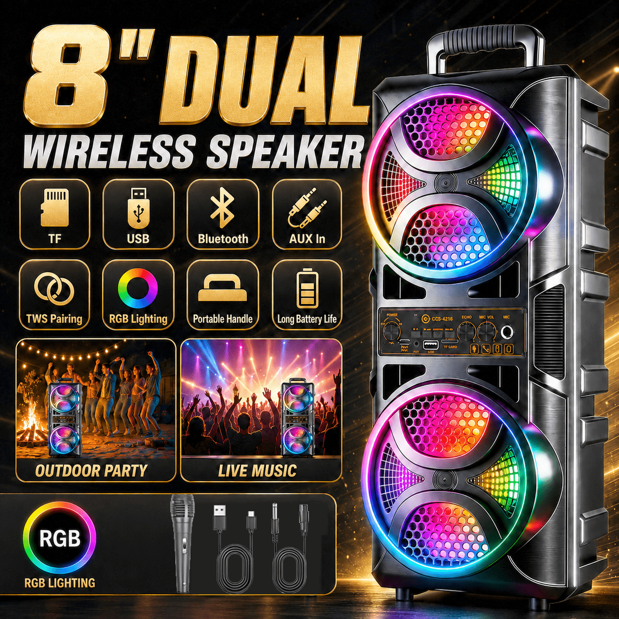 Image of Portable Wireless Wireless Speaker, Wireless 5.3 Stereo Subwoofer, Led Light, Fm/tws/mic/tf/usb, Outdoor Speaker For Party Camping Picnic, Holiday Gift For All Ages For