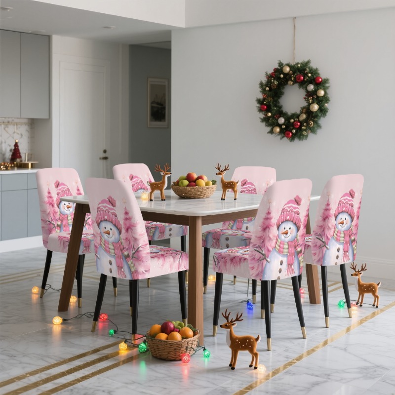 TEMU Set Of 2/4/6 Chair Covers Featuring A Snowman Wearing A Hat And Scarf, With A Design. Soft, Elastic Seat Protectors Are Ideal For Festive
