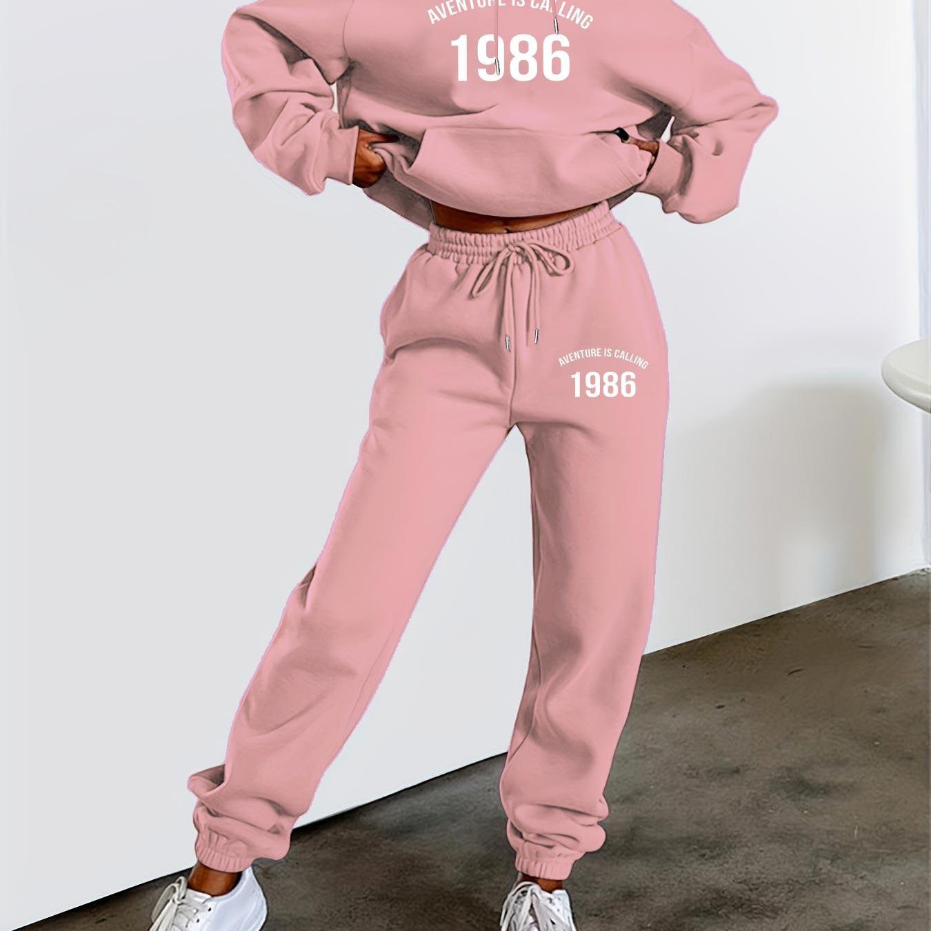 

2pcs Women's Polyester Tracksuit Set, 1986 Neck Sweatshirt And Jogger Pants Suit, Knit Fabric, Alphabet Pattern, With Kangaroo Pocket, For