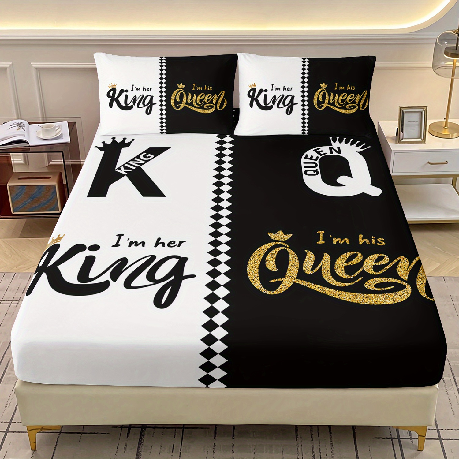 3pcs king queen fitted sheets black white printed bed sheet set for bedroom   and guest decoration couple pattern bedding set1 fitted sheet 2 pillowcases without core Product details 0