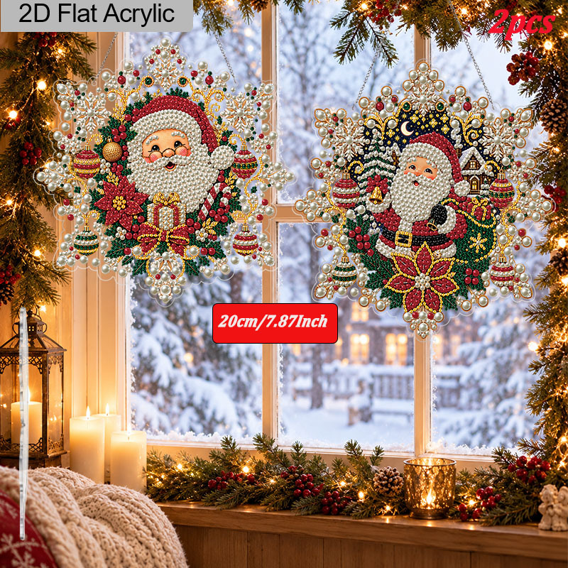 TEMU 2d Flat, 2d Flat 2pcs Christmas Pearl Diamond Painting Hanging Ornament Kit, Santa Claus Snowflake Acrylic Sun Catcher Ornament | 7.87 Inch