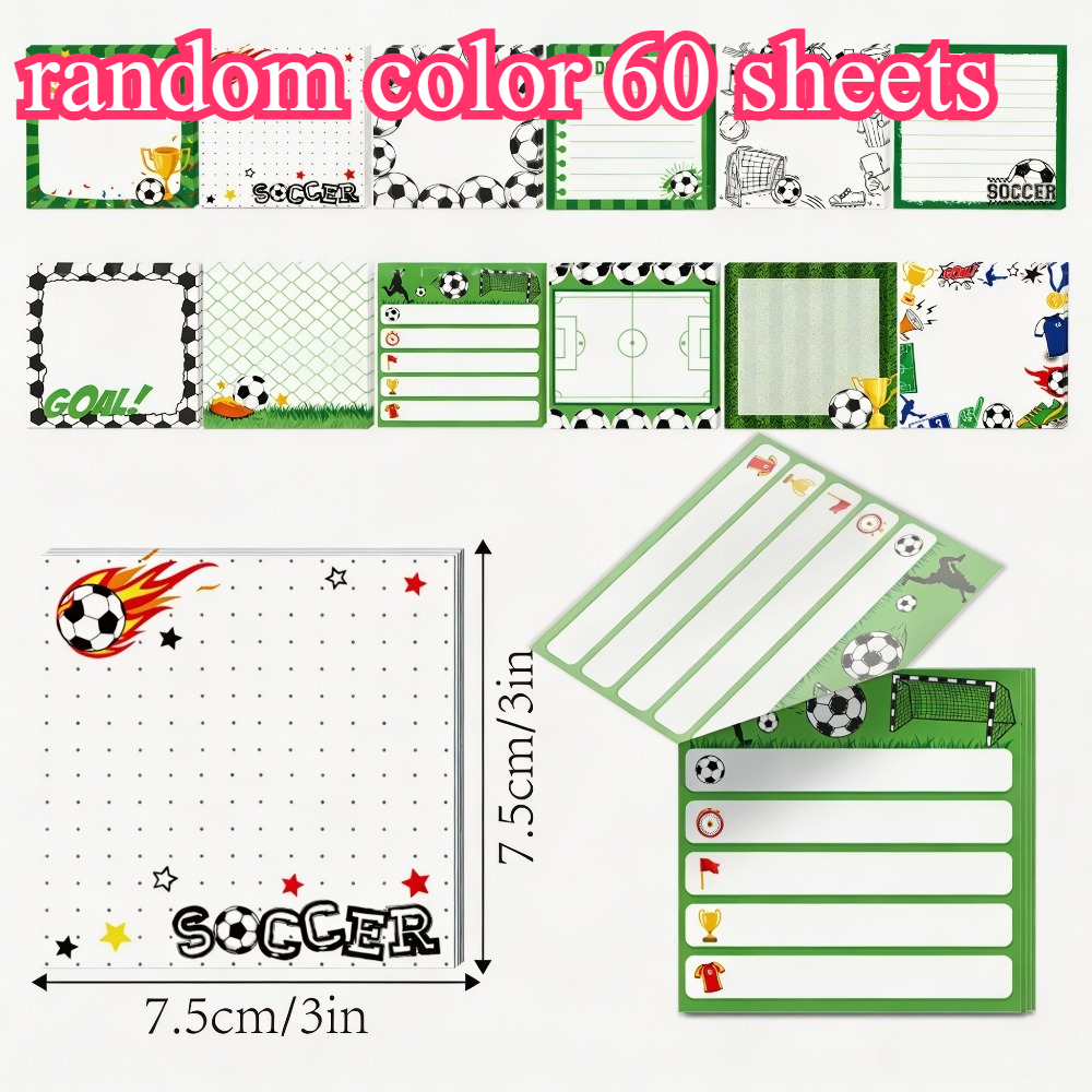 TEMU Random 60 Sheets Watercolor Football Square Sticky Notes, Cartoon Sports Style, Suitable For Students' And Office Reminders, Football-themed