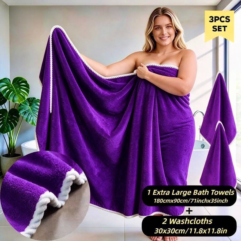 TEMU 3pcs Oversized Bath Towel Set (wheat Ear White Binding), Set Includes 1 Oversized Bath Towel (180x90cm) And 2 Washcloths (30x30cm),
