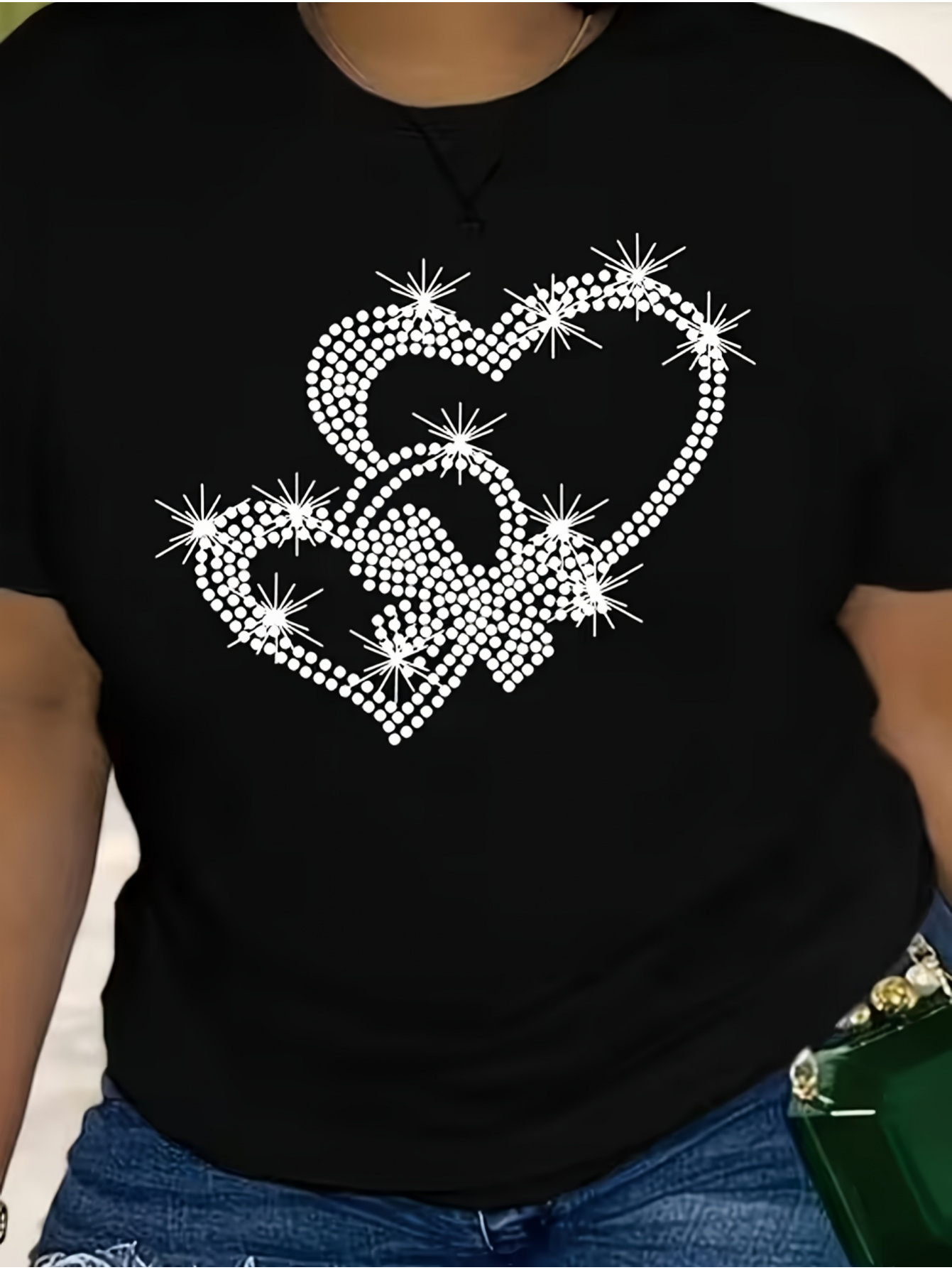 Plus Size, Casual Women's Plus Size Rhinestone Heart Print TShirt, Perfect for Home, Going Out, or Gift Ideas| Ideal for Christmas, Valentine's Day, and More