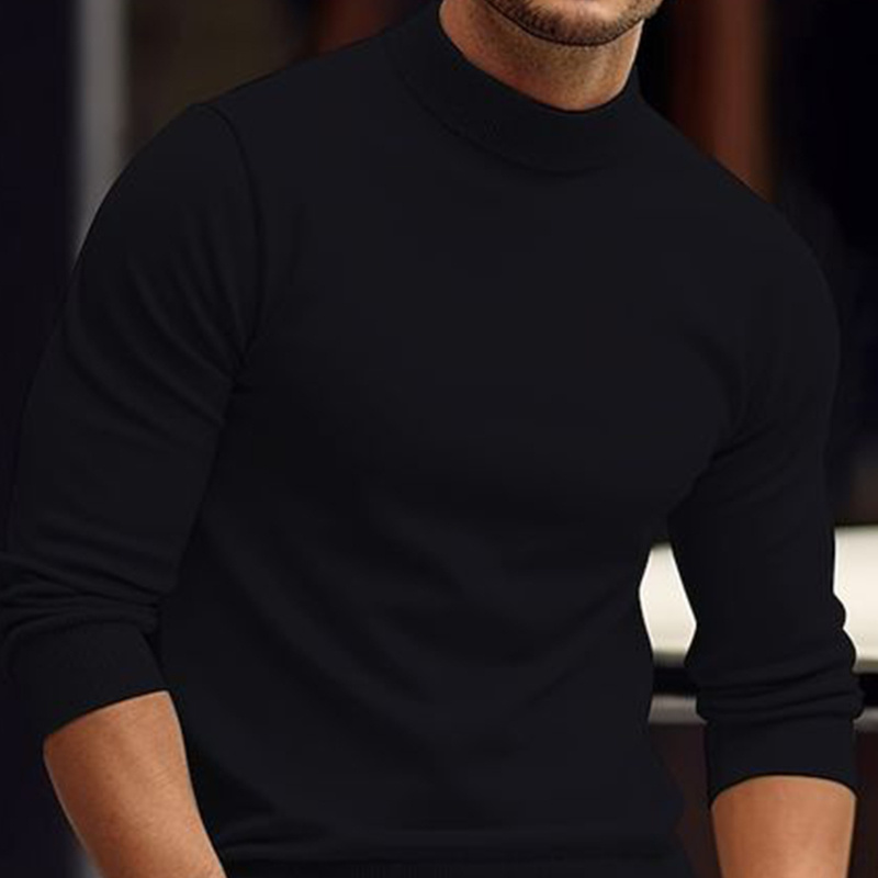 

Men's Casual Black Turtleneck Sweater - Long Sleeve, Loose Pullover For Fall/winter, Obm, Half-high Collar