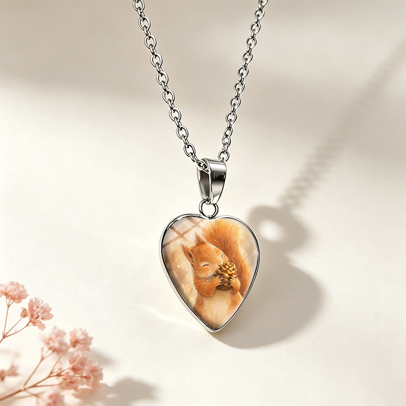Handmade Watercolor Squirrel & Pinecone Glass Cabochon Necklace