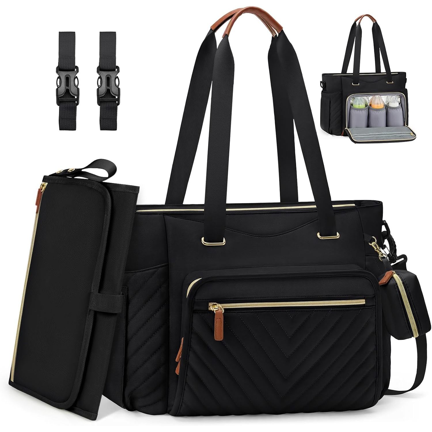 Image of Rainsmore Large Diaper Bag With Changing Mat And Pacifier Holder| Multifunctional Hospital Bag Stroller Bag Diaper Bag For Mom And Dad