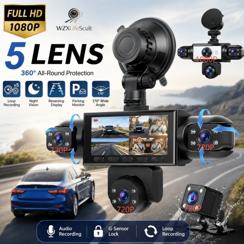 Wzxlifescult 4/5 Camera Car Dash Cam, 360° Surround Coverage, 1080P Front, 720P Rear & Inside Recording, Night Vision, WDR, Loop Recording, Parking Monitor