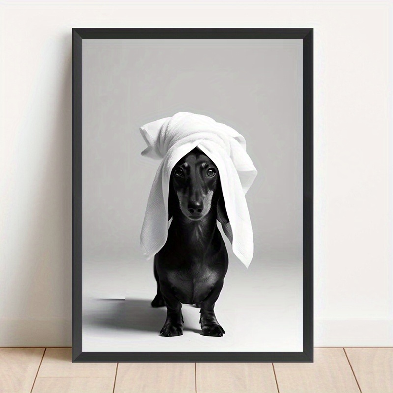TEMU 2d Flat, 2d Flat, 1pc, Frameless, 12 Inches X 16 Inches, Dachshund Bathroom Poster - Black And White Animal Wall Art, Bathroom Decor, Whimsical