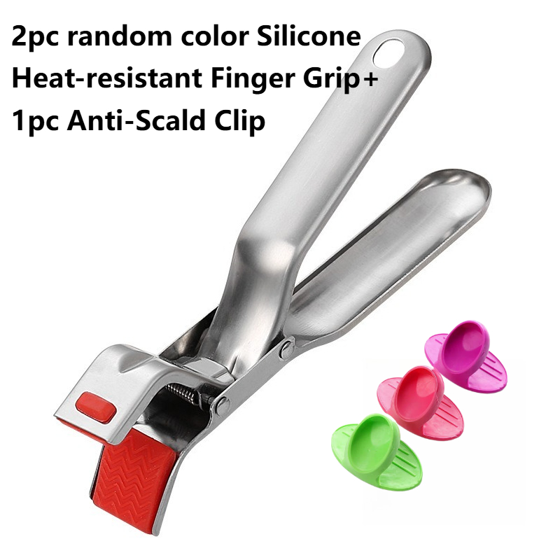 TEMU 3pcs Set: 1 Stainless Steel Anti-scald Tong   -resistant Finger Cots In Random Colors. High-temperature Resistant With An Ergonomic Handle -