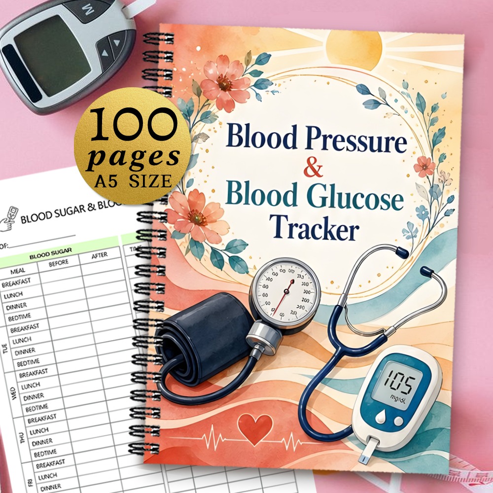 TEMU 1pc 21x14.5cm Blood Sugar And Blood Pressure Record Book, Watercolor Style Blood Pressure & Blood : Compact For Daily & Bp Level Tracking, Home