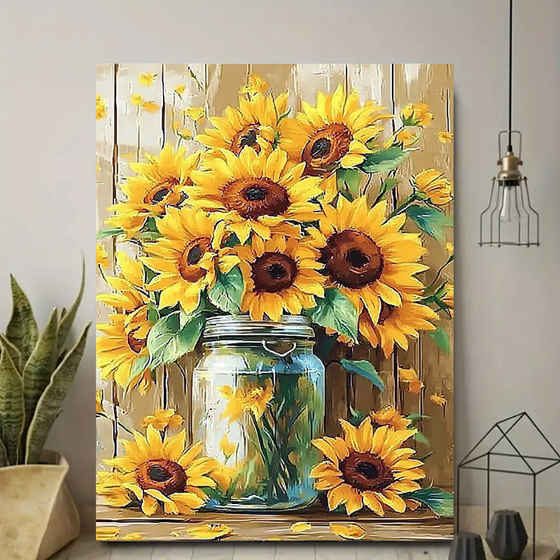 TEMU 2d Flat 1pc Framed Canvas Wall Art, Farmhouse Floral Decor With Mason Jar Sunflowers In Yellow & Green, Rustic Wooden Frame - Ready-to-hang