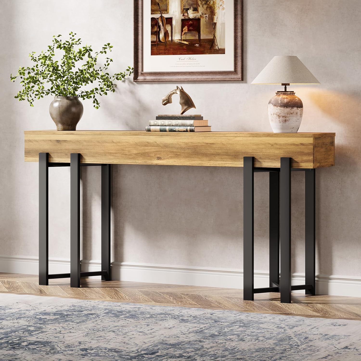 Image of 63-inch Modern Industrial Console Table Suitable For Entryway, Behind Couch Table With Rustic Brown Oak & Black Metal Frame - Sofa Table For Living Room, Hallway Furniture, Assembly, Wood