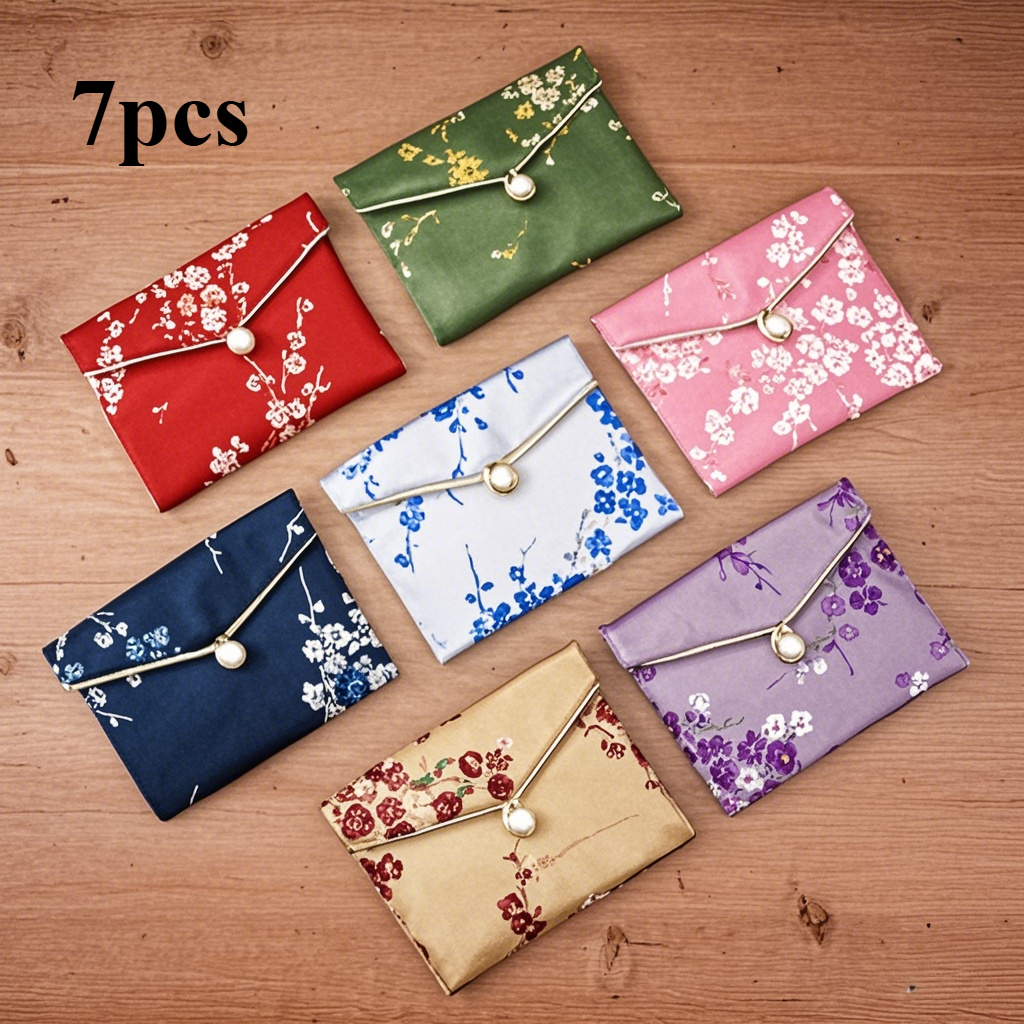 Image of 7pcs Embroidery Bag Set, - Traditional Chinese Brocade Jewelry Gift Bags, Wedding, Holiday, And Home Organization Mini Storage Pouches