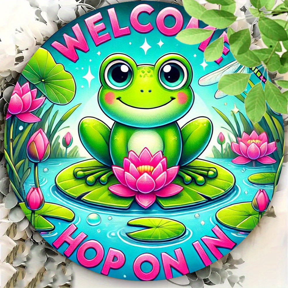 

[] Frog On For Lotus Flower Round Aluminum Welcome Sign - Decor For Indoor & Outdoor, Restaurants, Bars, Coffee Shops - 7.8x7.8 Inch Metal Wall Art, Frog Garden Decor, 2d, Room Decor