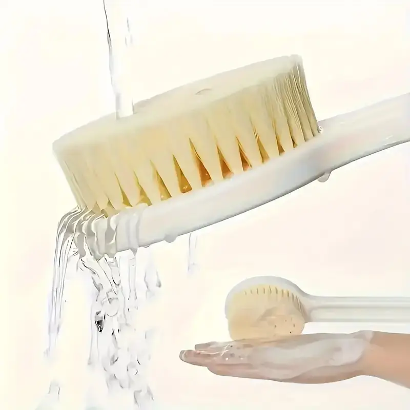 long handle bath massage & exfoliating shower brush with soft bristles and massager heads - heavy-duty non-slip grip, for back, legs, , sensitive light beige - manual bath scrubber, no batteries/electricity, ideal for spa, home, shower use - durable bathroom accessory for adults & seniors - white with beige bristles, hanging loop for , exfoliating & massaging functionality, bath brush long handle for shower, shower brush, Product details 1