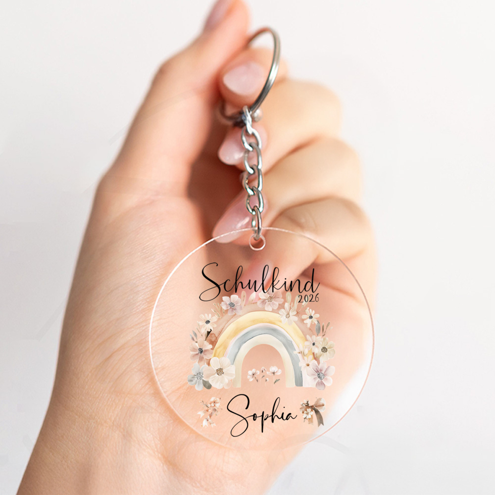 1pc Personalized Schulkind 2026 Back To School Gift, Custom Name Rainbow + Flower Pattern Transparent Keychain, Suitable For For Holiday Decorations And Back To School Celebrations