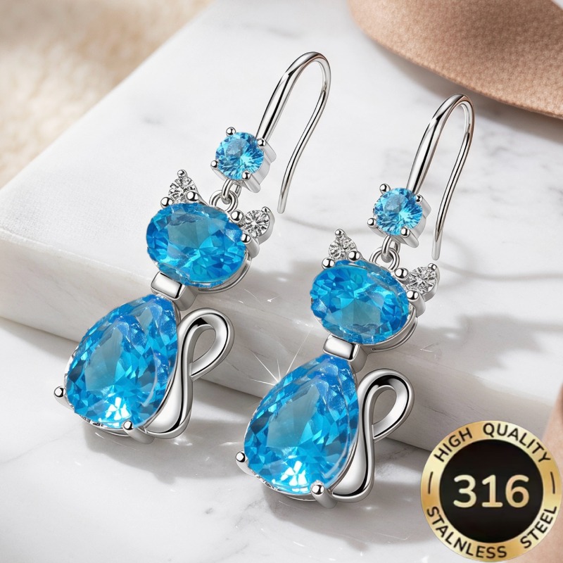 TEMU 1 Pair Of High-quality Steel Hypoallergenic Light Luxury Sweet And Shiny Cat-shaped Animal Earrings For Women, Decorated With Blue Synthetic