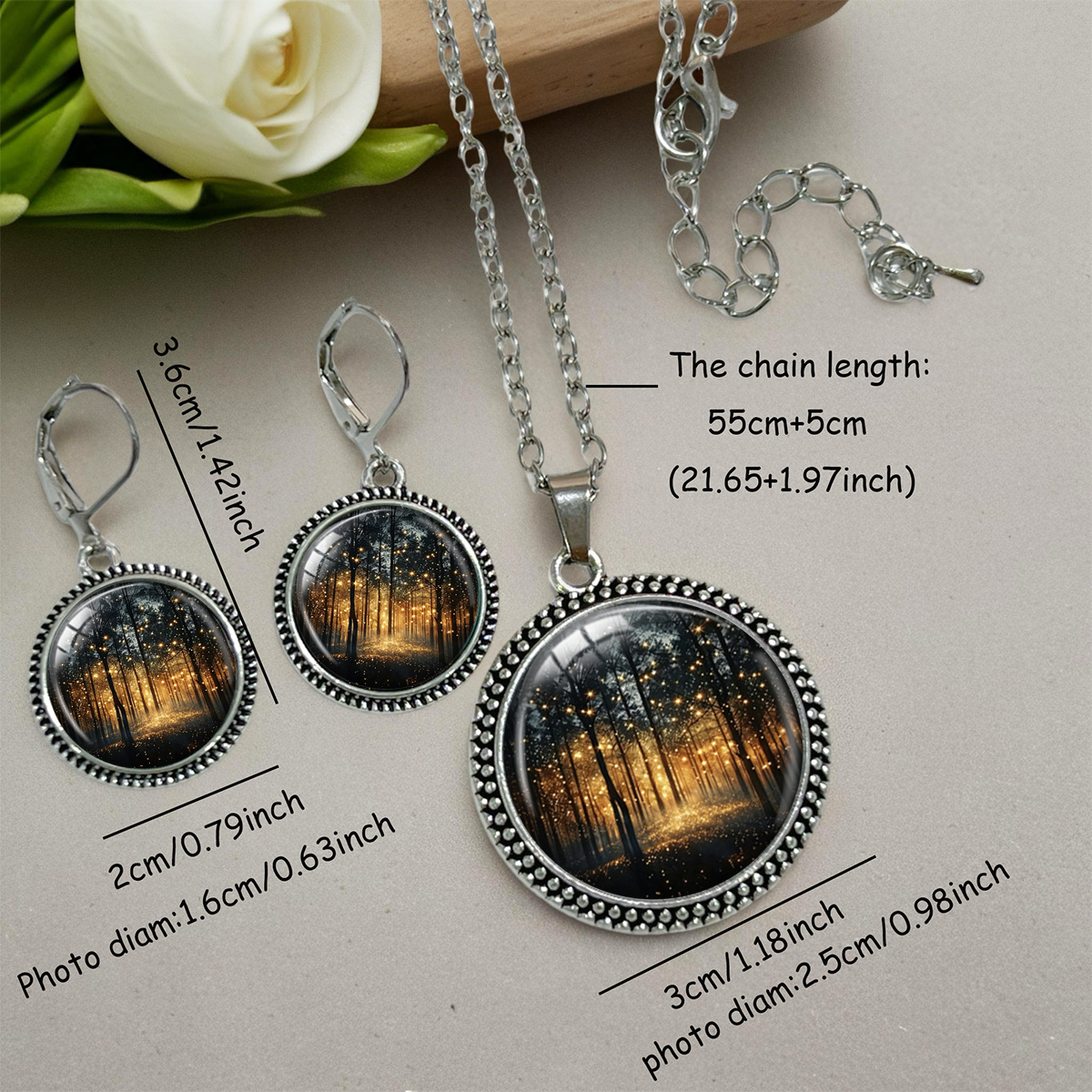 3pcs Starlight Firefly Forest Nightscape Printed Necklace & Earring Set