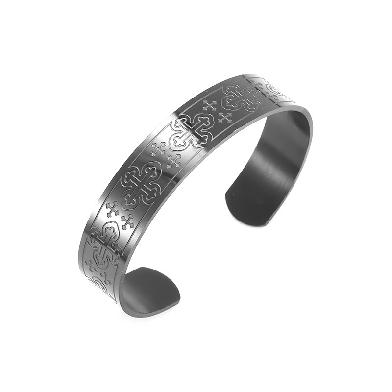 Vintage Cross Pattern Stainless Steel Open Bangle, Unisex