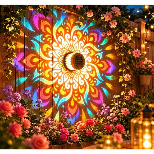 1pc led outdoor solar light with iron lantern design mandala projection spotlight floodlight wall light holiday decoration light hollow lantern with light sensor garden and patio halloween essential ip65